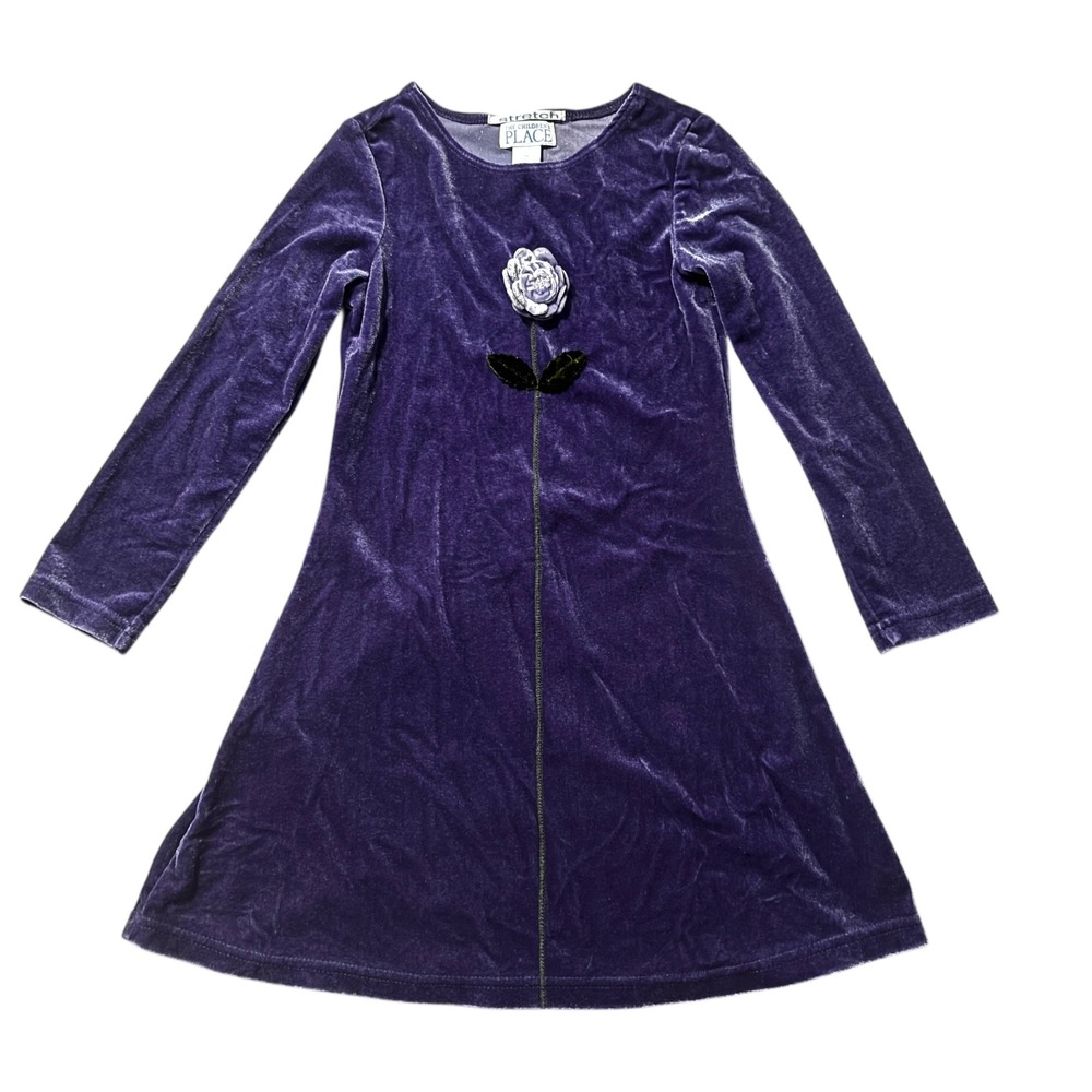 Vintage Girls Dress 5 Childrens Place Purple‎ Velvet Long Sleeve Rose Applique